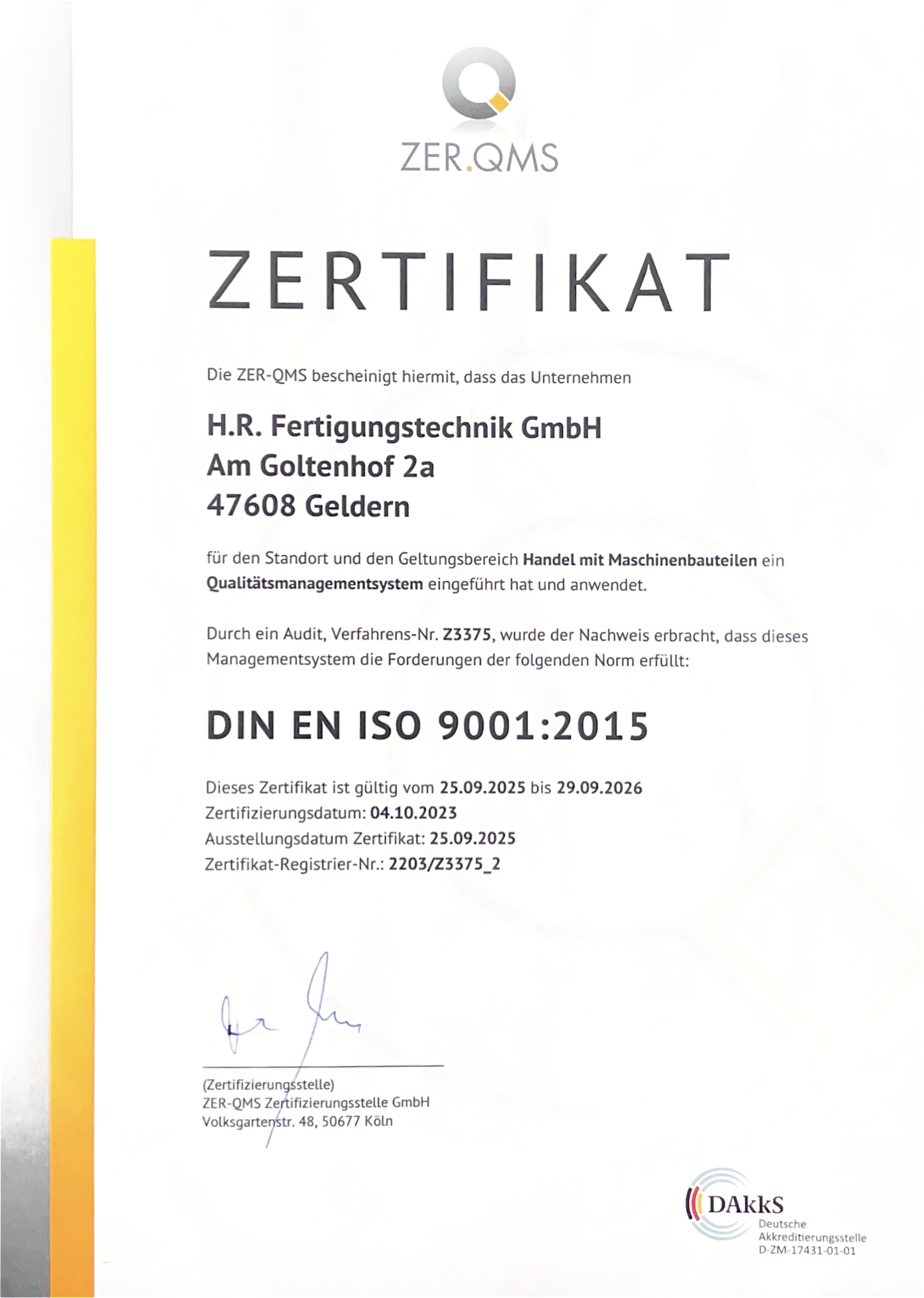 HR Fertigungstechnik – ISO 9001 Zertifikat